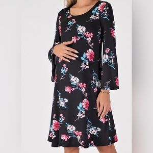 BELLA FLORE FLORAL BELL SLEEVE MATERNITY DRESS: BLACK:NWOT: XL